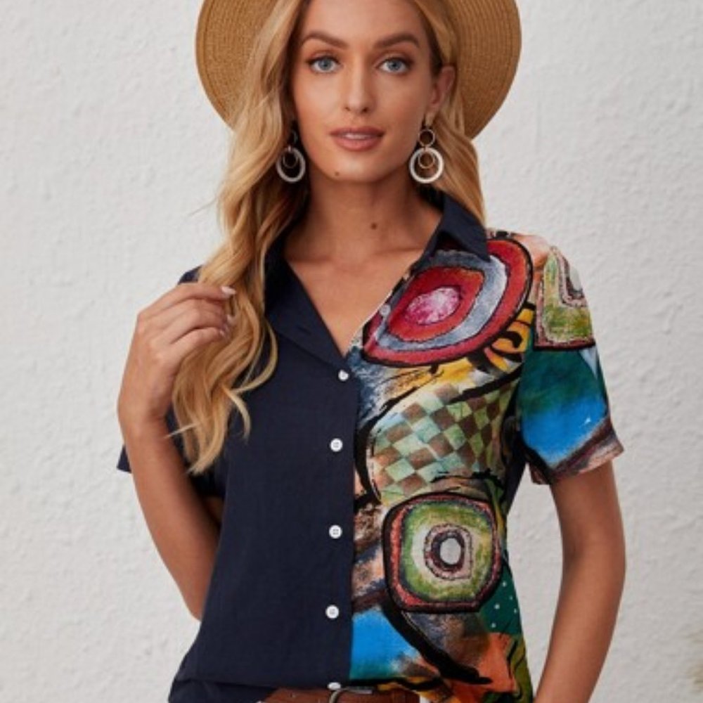 Graphic Print Button Front Blouse